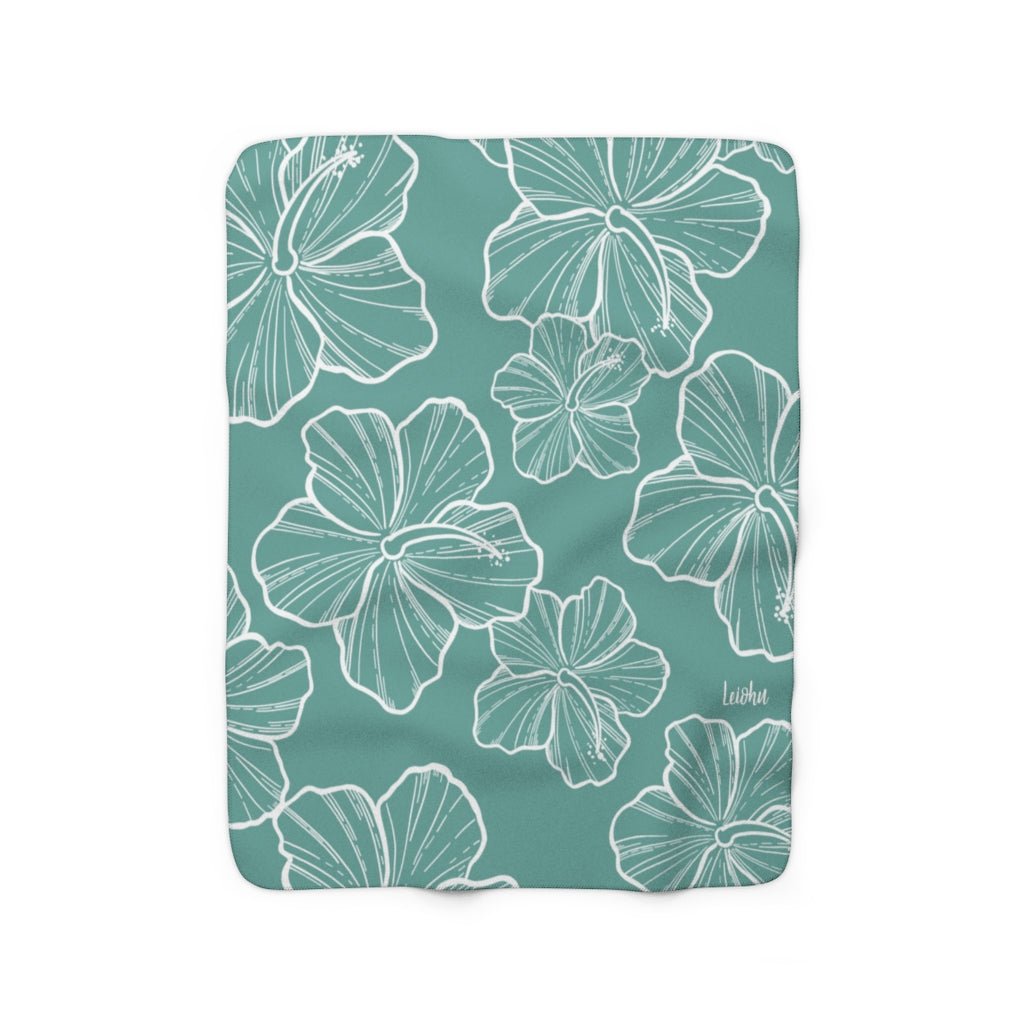 Hibiscus - Teal - Sherpa Fleece Blanket - LEIOHU DESIGNS