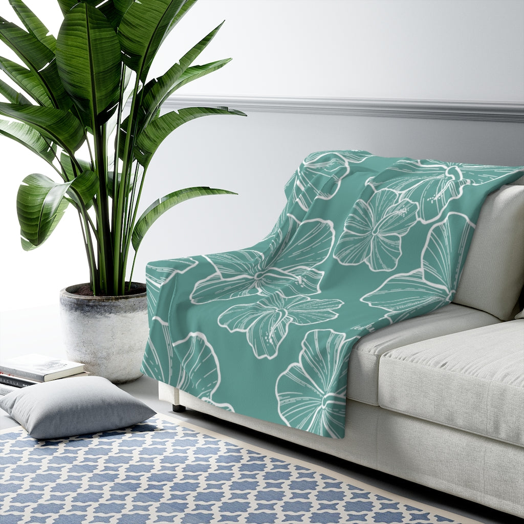 Hibiscus - Teal - Sherpa Fleece Blanket - LEIOHU DESIGNS