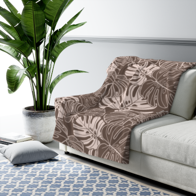 Monstera Dream - Mocha - Sherpa Fleece Blanket - LEIOHU DESIGNS